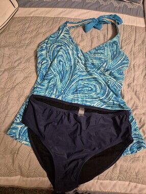 Blue Swirl Tankini Top with Navy Bottoms